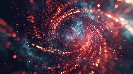 A futuristic cosmic design illustrating a 3D vector visualization of big data. This technology background showcases the analysis of big data with glow fractal elements for digital data visualization