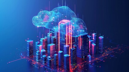 Cloud computing concept: smart city internet communication, cloud storage, and services, with data upload and download. A digital cloud hovers over a virtual smart city, symbolizing IoT technology
