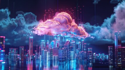 Cloud computing concept: smart city internet communication, cloud storage, and services, with data upload and download. A digital cloud hovers over a virtual smart city, symbolizing IoT technology