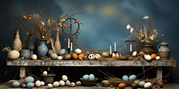 Astering Easter Tableau Displaying Flowers, Scrumptious Cakes, and a Collection of Easter Egg