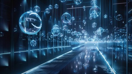 Data center or cloud storage concept featuring an abstract server room interior with futuristic digital equipment and suspended data spheres, creating a digital cyberspace ambiance