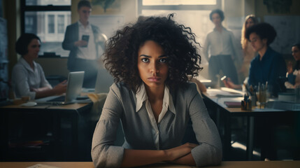 Black african american woman employee sitting in a desk  with a decisive look on her face at the office with her coworkers behind. - obrazy, fototapety, plakaty