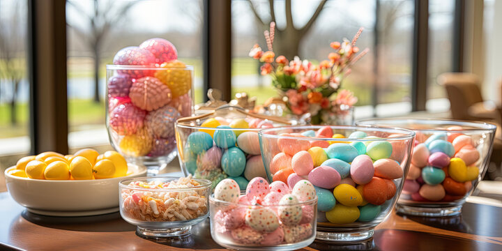A Festive Easter Table Scene with Flowers, Mouthwatering Cakes, and a Diverse Collection of Ea
