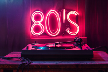 A record playing with an 80's neon sign in the background, party music theme	
