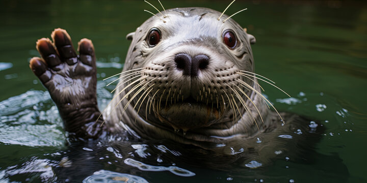 A playful otter floating on its back in a clear mountain stream, surrounded by lush greenery, ev