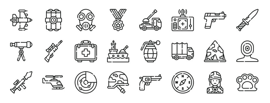 set of 24 outline web military icons such as jet, dynamite, gas mask, medal, cannon, remote control, gun vector icons for report, presentation, diagram, web design, mobile app