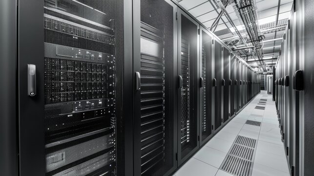 A modern network and communication concept featuring a server room in a datacenter