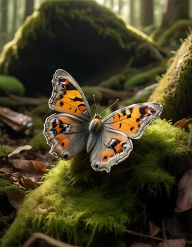 Close up image of butterfly on forest floor