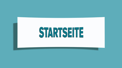 Startseite. Eine weisse Karte mit blaugruener Schrift und Schatten, isoliert auf blaugruenem Hintergrund.