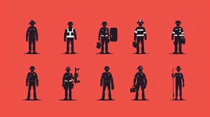Stick figure pictogram various public safety and security jobs, including police officers, firefighters, EMTs, security guards, watchmen, bodyguards, soldiers, traffic officers, and detectives - obrazy, fototapety, plakaty