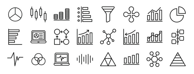 set of 24 outline web chart and diagram collection.icons icons such as pie chart, chart, coin, statistics, filter, distribute, analytics vector icons for report, presentation, diagram, web design, - obrazy, fototapety, plakaty
