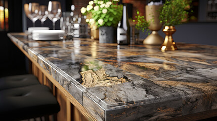 Fototapeta na wymiar A STYLISH KITCHEN COUNTERTOP with A Marble Pattern Complement The Trainquiley of the Evening Cit