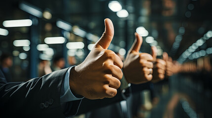 Business Associates Signify Approval and Consensus by Raising Their Thumbs in the Meetin - obrazy, fototapety, plakaty