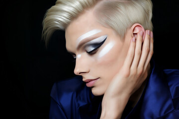 Fototapeta na wymiar Blonde Model Man showing Silver Shimmer Makeup