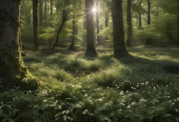 Obraz premium Early morning light streaming through forest