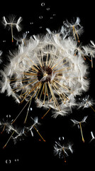 Fototapeta premium The delicate filaments of a dandelion seed, caught in a breeze and carried aloft on invisible c