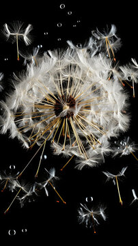 The delicate filaments of a dandelion seed, caught in a breeze and carried aloft on invisible c