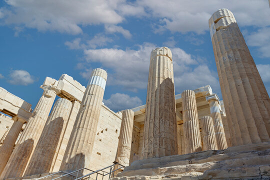 Propylaea, the monumental gates to the Acropolis of Athens, commissioned by the Athenian leader Pericles in order to rebuild the Acropolis at the conclusion of the Greco-Persian Wars. 