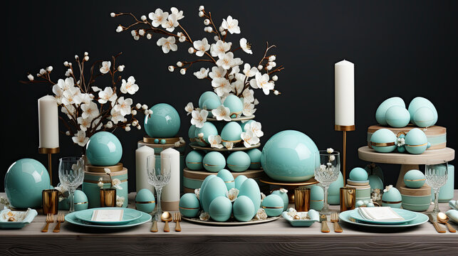 The Elegantly Arranged Easter Table with Fresh Flowers, Delightful Cakes, and Intricatly Design