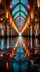 The rich, jeweltoned colors of a stained glass window, casting colorful patterns of light acro