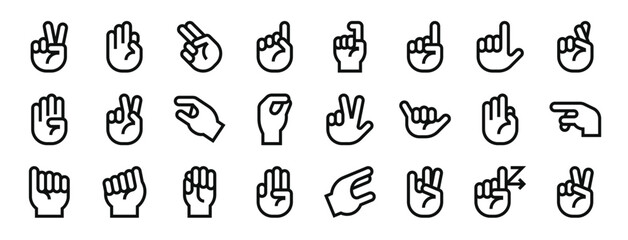 set of 24 outline web deaf alphabet icons such as , f, h, d, x, l vector icons for report, presentation, diagram, web design, mobile - obrazy, fototapety, plakaty