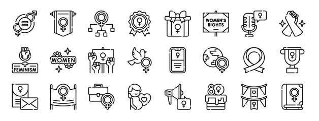 set of 24 outline web womens day icons such as equality, pennant, organization, badge, present, womens day, microphone vector icons for report, presentation, diagram, web design, mobile app