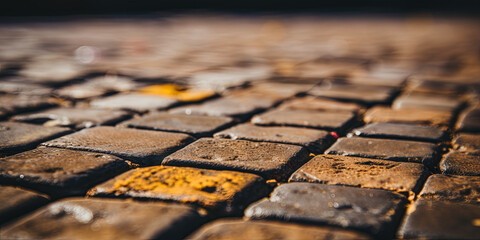 The rough, pebbled surface of a cobblestone street, with each stone worn smooth by the passage - obrazy, fototapety, plakaty