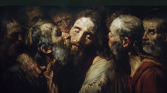 The kiss of judas: dramatic portrayal captures biblical betrayal, tension, and conflict as judas iscariot betrays jesus with a kiss, symbolizing spiritual depth and iconic christian symbolism