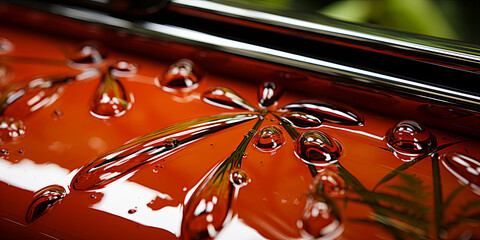 The sleek, glossy texture of a freshly waxed car, with reflections of passing clouds and trees da