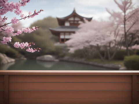 Product Display background set on Japanese Garden with Cherry Blossoms in Springtime, Product Photography, Japanese Aesthetic