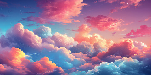 The soft, pastel hues of a sunset sky, with wisps of clouds illuminated by the fading li - obrazy, fototapety, plakaty