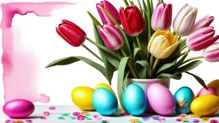 Fototapeta na wymiar Table with vase of tulips, colorful Easter eggs. Basket of eggs and vase of tulips on kitchen table near window. Happy Easter greeting card, banner, festive background. Blurred background. Copy space.