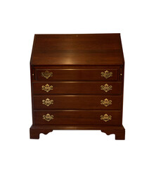 Isolated dark cherry wood secretary desk with brass pulls