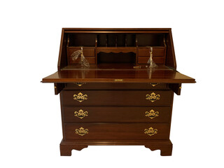 Isolated dark cherry wood secretary desk with brass pulls