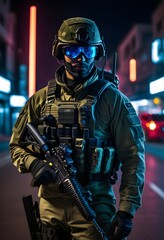 Futuristic soldier in street