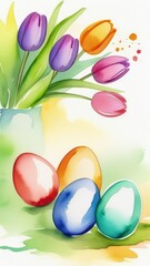 Table with vase of tulips, colorful Easter eggs. Basket of eggs and vase of tulips on kitchen table near window. Happy Easter greeting card, banner, festive background. Blurred background. Copy space.