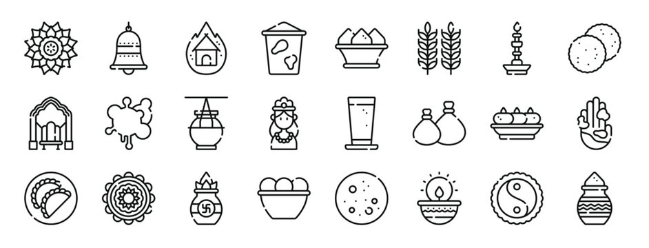 set of 24 outline web holi icons such as rangoli, bell, hut, paint bucket, holi, wheat grain, candle vector icons for report, presentation, diagram, web design, mobile app