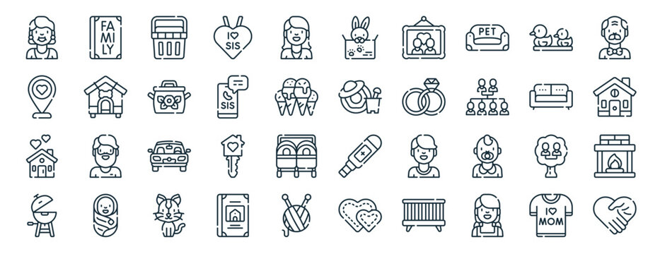 set of 40 outline web family icons such as photo album, heart, home, , sofa, grandfather, rabbit icons for report, presentation, diagram, web design, mobile app