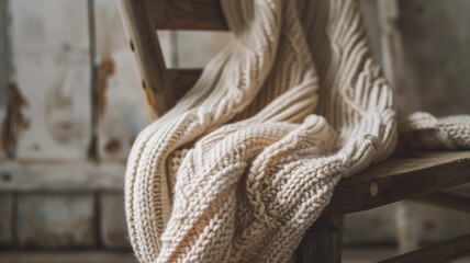 Knitted blanket on a rustic wooden chair