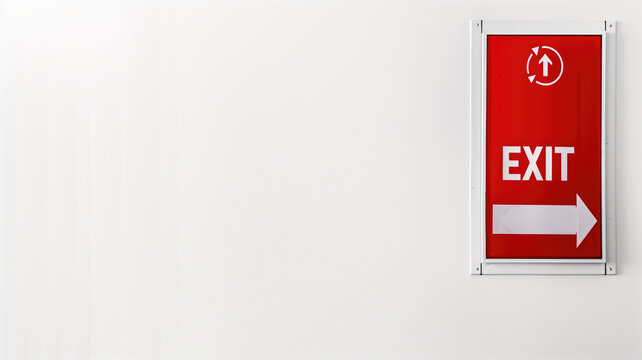 Red exit sign on a white wall