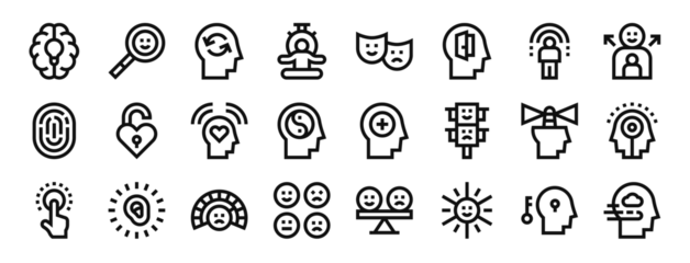 Fotobehang set of 24 outline web self awareness icons such as creative thinking, happiness, empathy, meditation, emotion, evasion, self awareness vector icons for report, presentation, diagram, web design, © Icon World