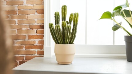 Cactus in a pot on the windowsill.