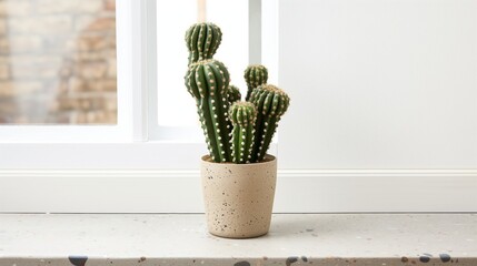 Cactus in a pot on the windowsill.