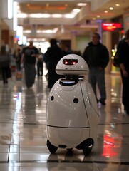 A cute service android robot on wheels navigates through the vibrant crowds in a bustling, crowded shopping mall