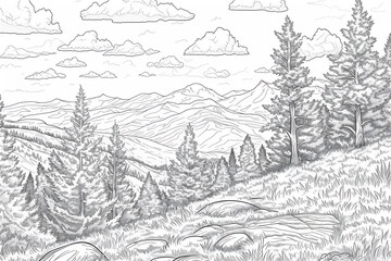 Fototapeta na wymiar Coloring pages of landscape with trees