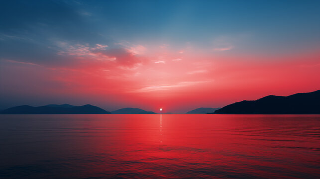 Exotic tropical sunset with red sky, sea and mountain silhouettes on the horizon