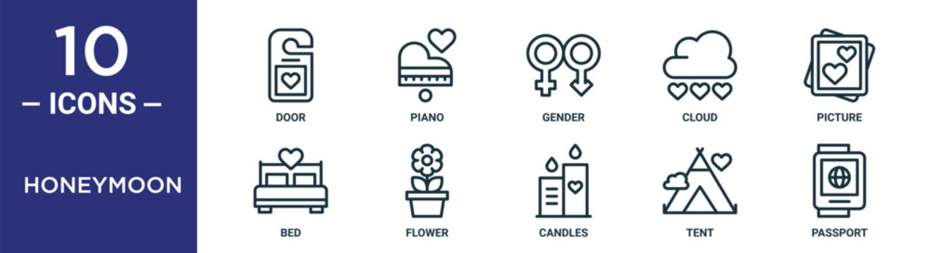 honeymoon outline icon set includes thin line door, gender, picture, flower, tent, passport, bed icons for report, presentation, diagram, web design