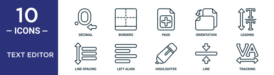 text editor outline icon set includes thin line decimal, page, leading, left align, line, tracking, line spacing icons for report, presentation, diagram, web design