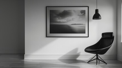 Monochrome photo in frame beside a black chair