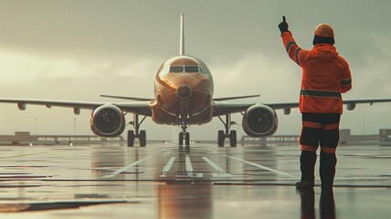 Ground crew guiding airplane on a rainy runway - obrazy, fototapety, plakaty